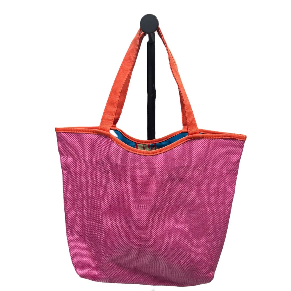 Lancome Pink Woven‎ Tote Orange Trim Floral Lining Large Beach Travel Bag